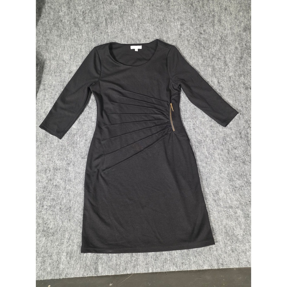 Womens Dress 10 Black Pleated Ruched Sheath Gold Zip Stretch Cocktail Spense